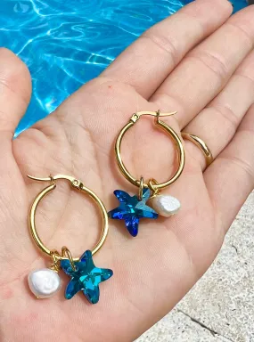 STARS BLUE SWAROVSKI PEARLS HOOPS