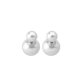 Sterling Silver Rhodium Plated Double Pearl Stud Earrings, for Women with Post and Organic Pearl, 8/14mm Round White and Grey Pearl, Polar Collection