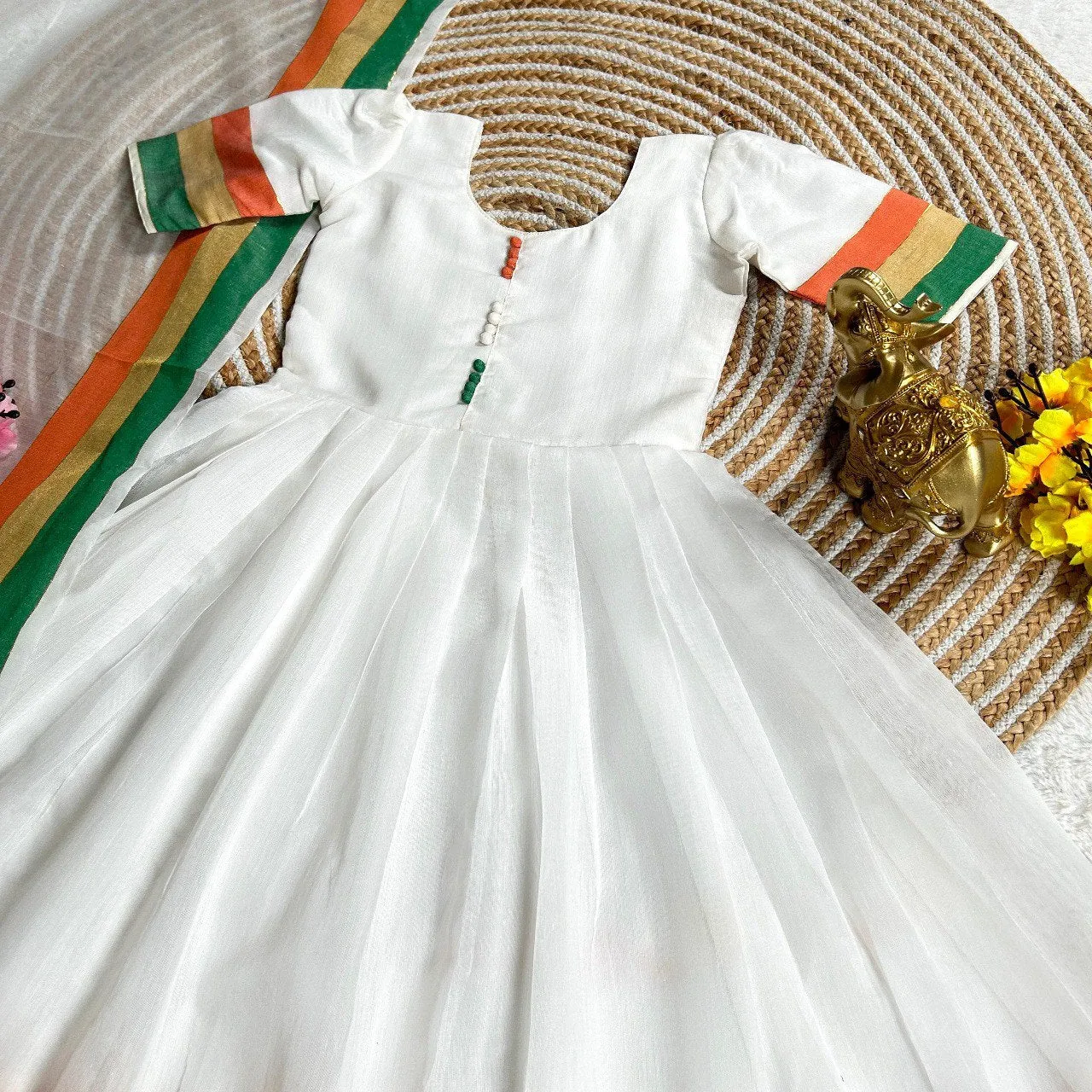 Tricolour Kids Girl Cotton Tiranga Gown Dupatta Dress