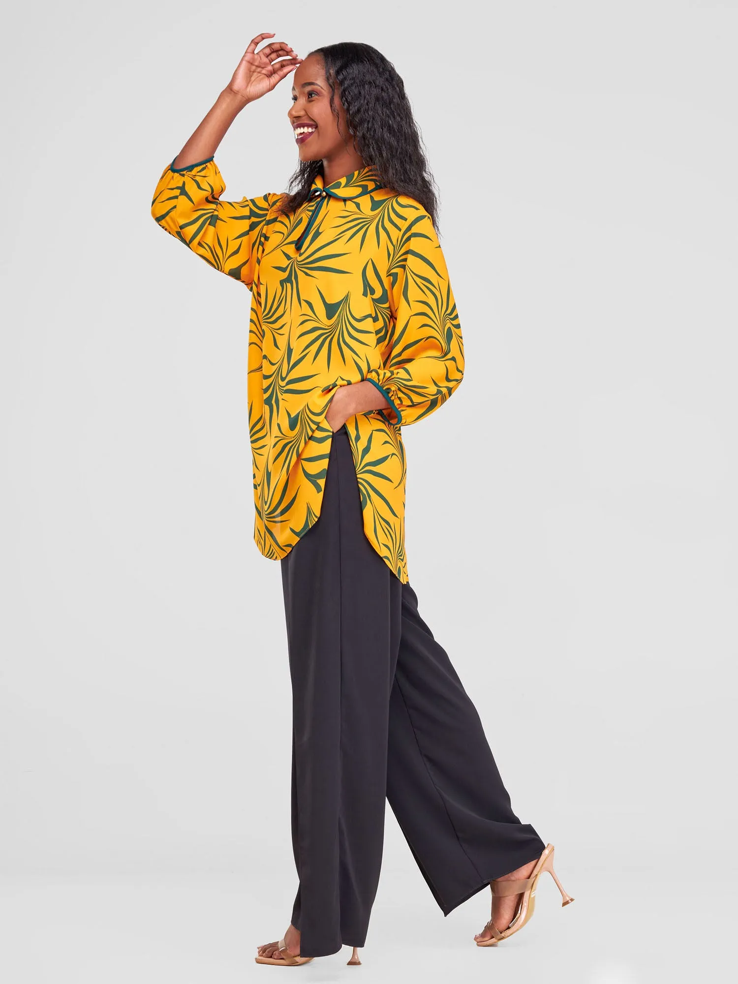 Vivo Asha Tunic Top - Mustard / Green Tezo Print