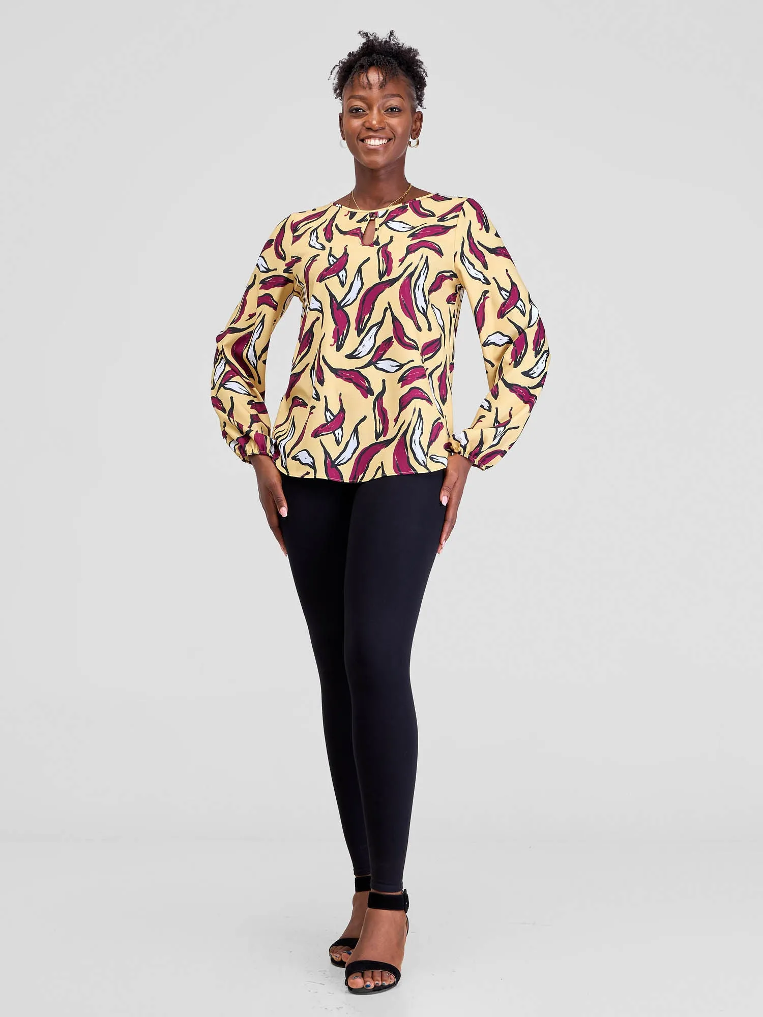 Vivo Sia Bishop Sleeve Top - Burgundy / Yellow Molo Print